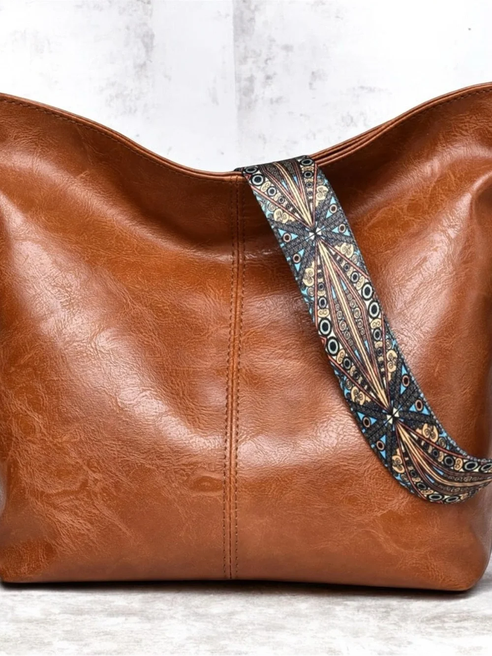 Tan Hobo with‎ Patterned Blue-Brown Strap Hobo Crossbody